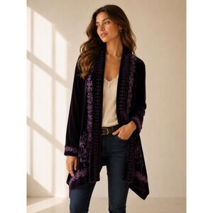 Time for Me Velvet Duster Cardigan Womens XL Purple Embroidered Boho Chic Artsy